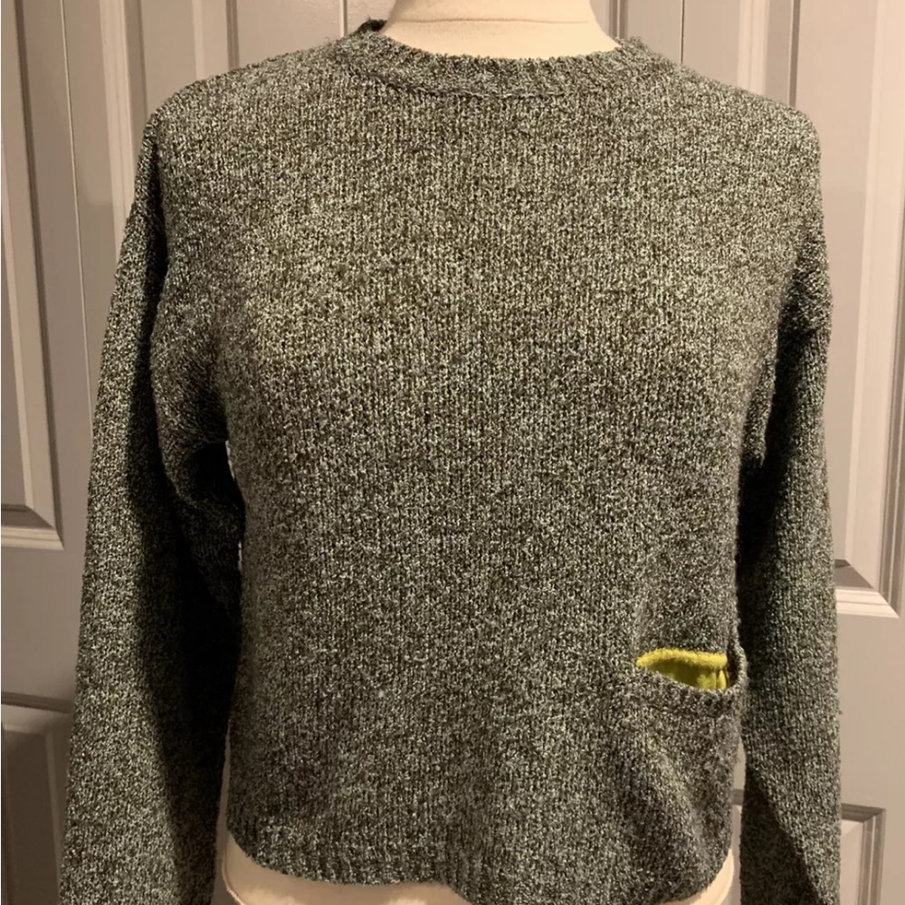 Women's Cousin Johnny S Wool Blend Sweater Brown Blue Heather w/ Lime + Pocket